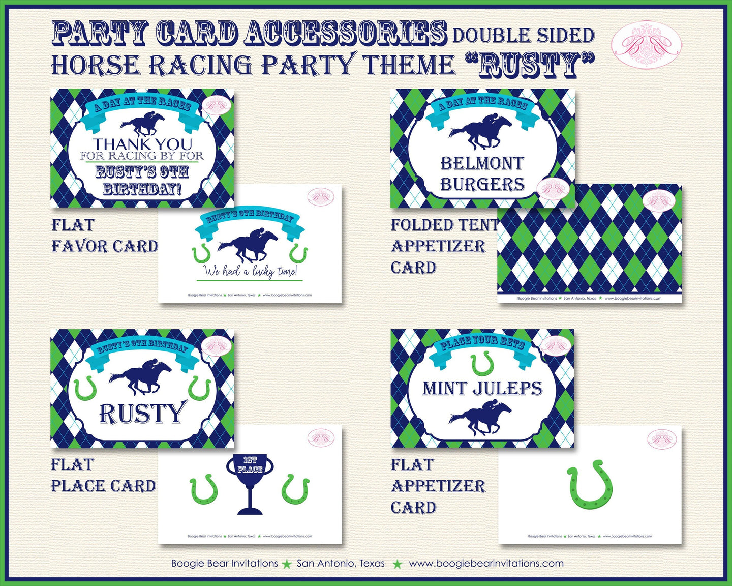 Horse Racing Birthday Party Favor Card Tent Appetizer Place Sign Green Blue Kentucky Derby Jockey Track Boogie Bear Invitations Rusty Theme