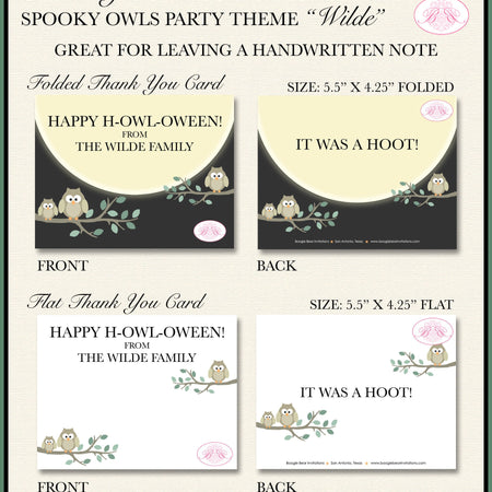 Halloween Owls Party Thank You Card Note Gift Fall Spooky Full Moon Autumn Tree Outdoor Hoot Owl Boogie Bear Invitations Wilde Theme Printed
