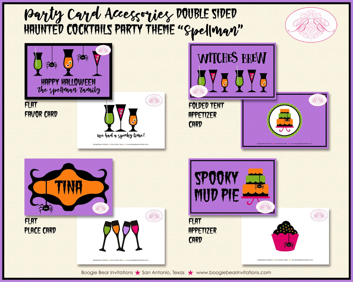 Haunted Cocktails Party Favor Card Tent Appetizer Place Drink Food Tag Sign Halloween Spider Spooky Boogie Bear Invitations Spellman Theme