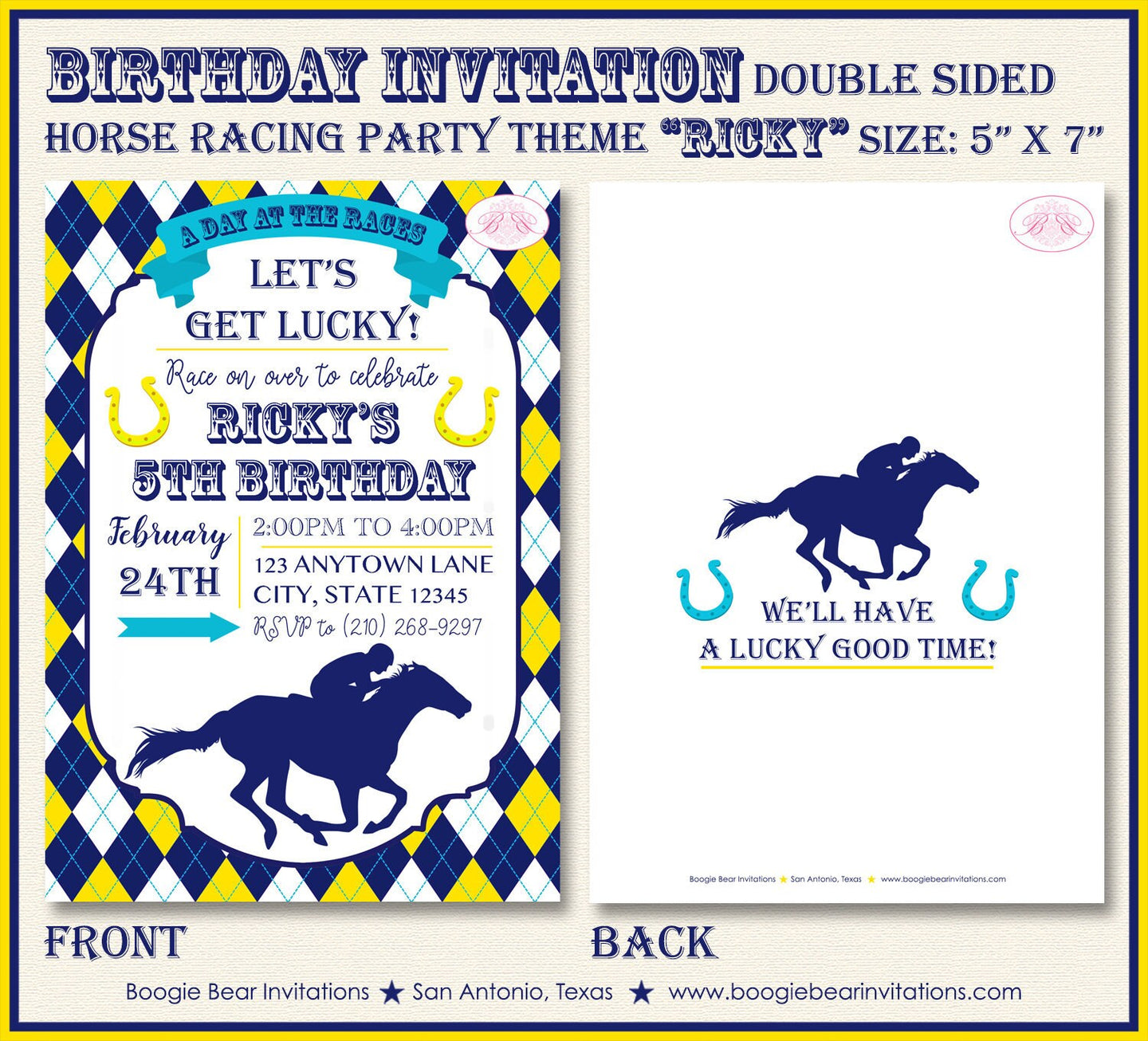 Horse Racing Birthday Party Invitation Orange Blue Kentucky Derby Race Track Boogie Bear Invitations Ricky Theme Paperless Printable Printed