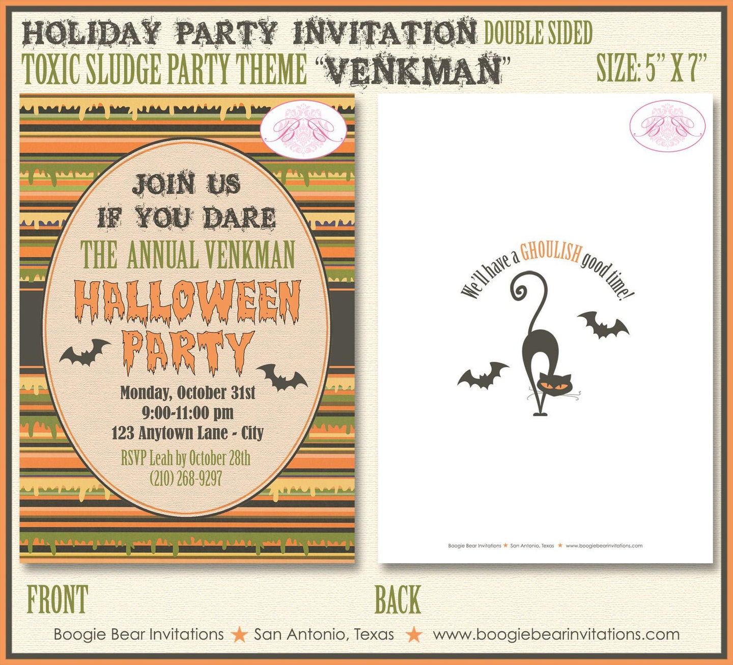 Toxic Sludge Halloween Party Invitation Spooky Slime Sewer Black Bat Cat Boogie Bear Invitations Venkman Theme Paperless Printable Printed
