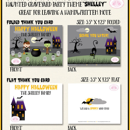 Haunted Graveyard Party Thank You Card Note Gift Halloween Cemetery House Bat Spider Black Cat Boogie Bear Invitations Shelley Theme Printed