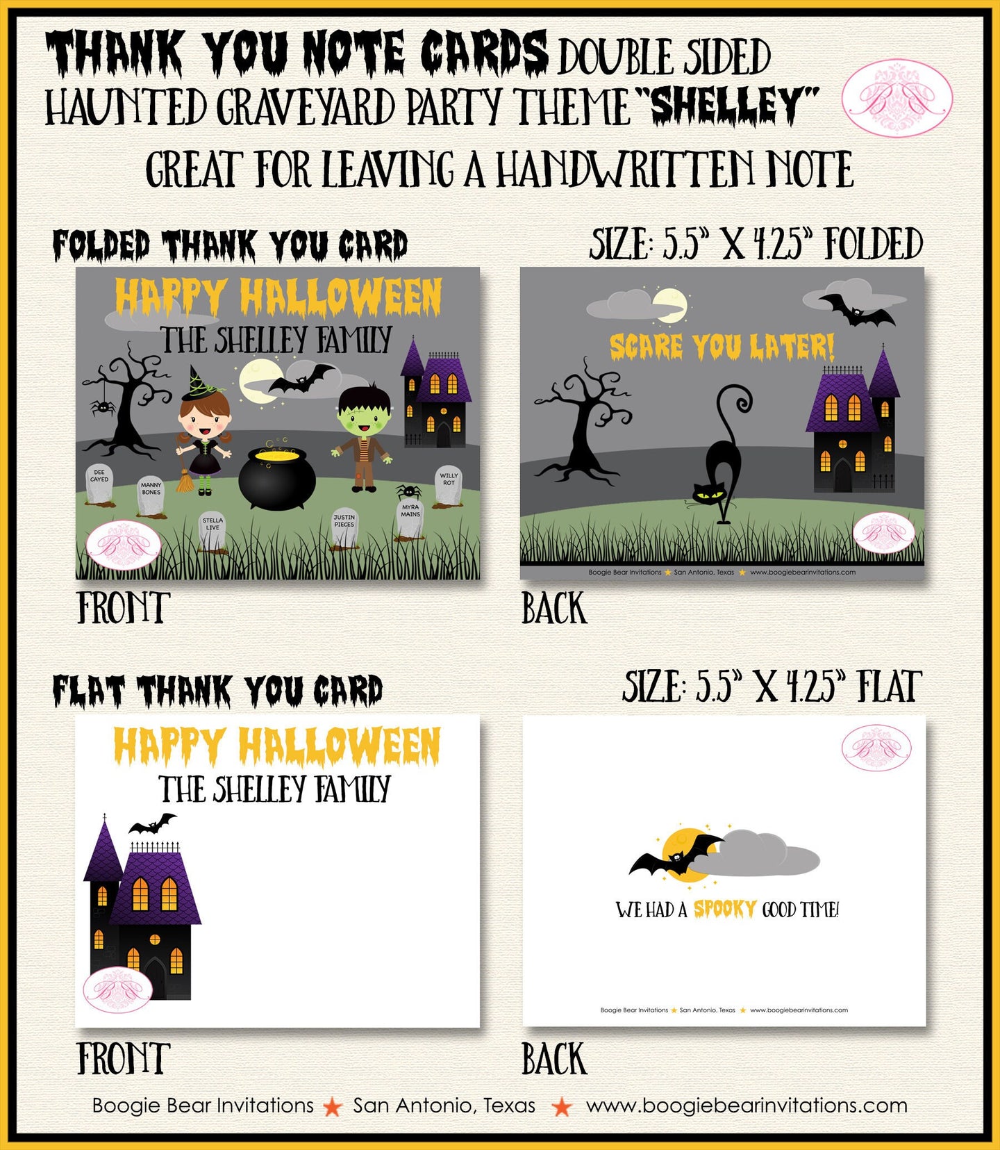 Haunted Graveyard Party Thank You Card Note Gift Halloween Cemetery House Bat Spider Black Cat Boogie Bear Invitations Shelley Theme Printed