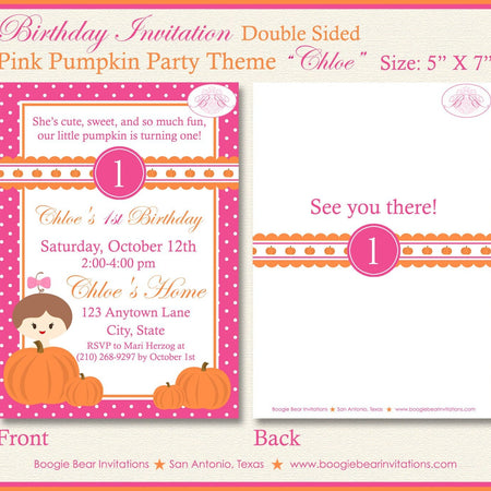Pink Pumpkin Birthday Party Invitation Girl Orange Dot Ribbon 1st 2nd 3rd Boogie Bear Invitations Chloe Theme Paperless Printable Printed