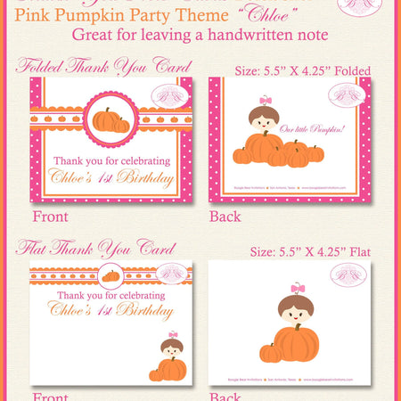 Pink Pumpkin Party Thank You Card Birthday Girl Fall Autumn Harvest Orange Rustic Farm Barn 1st Boogie Bear Invitations Chloe Theme Printed