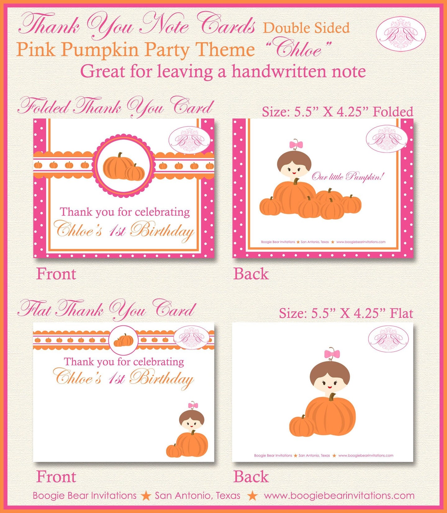 Pink Pumpkin Party Thank You Card Birthday Girl Fall Autumn Harvest Orange Rustic Farm Barn 1st Boogie Bear Invitations Chloe Theme Printed