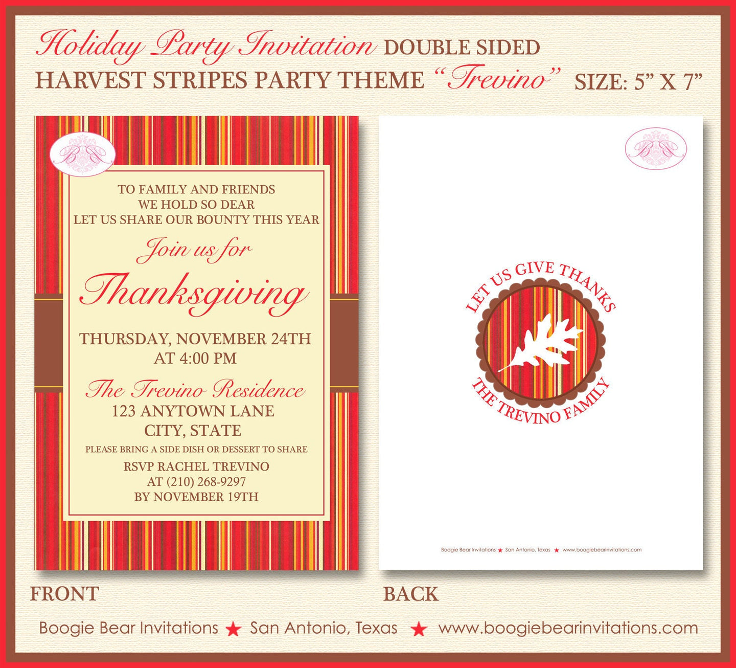 Harvest Stripes Thanksgiving Party Invitation Autumn Leaf Fall Red Brown Boogie Bear Invitations Trevino Theme Paperless Printable Printed