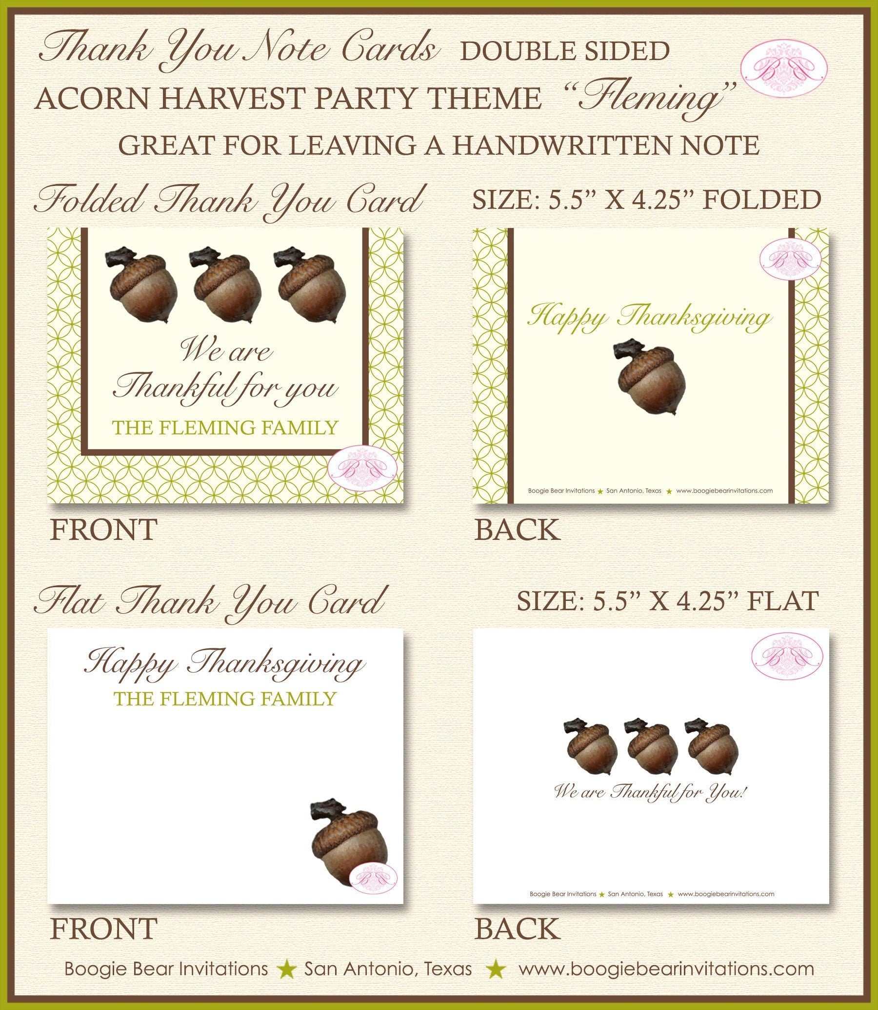 Acorn Thanksgiving Party Thank You Cards Flat Folded Autumn Fall Harvest Green Brown Birthday Boogie Bear Invitations Fleming Theme Printed