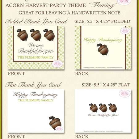 Acorn Thanksgiving Party Thank You Cards Flat Folded Autumn Fall Harvest Green Brown Birthday Boogie Bear Invitations Fleming Theme Printed