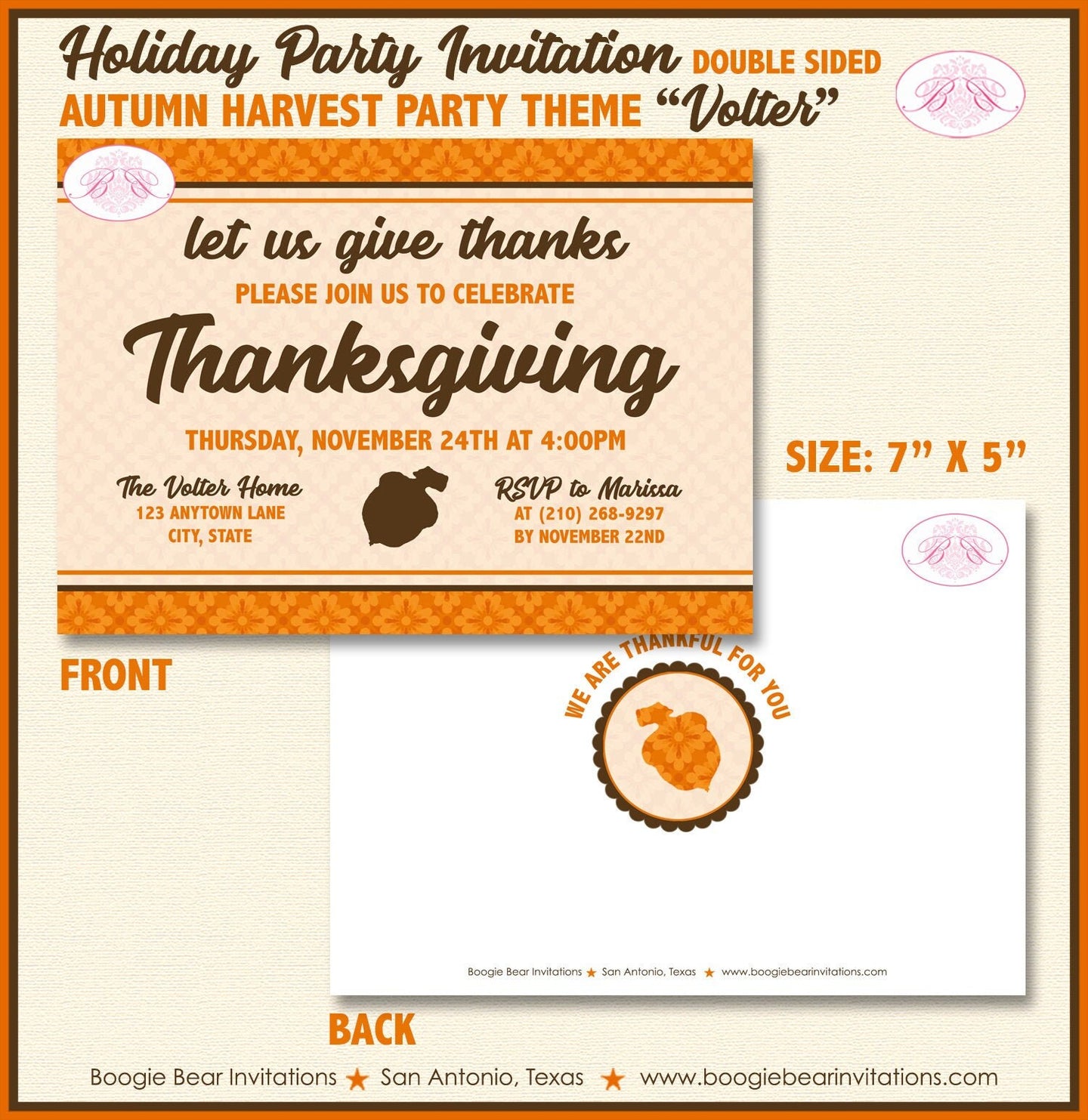 Thanksgiving Dinner Party Invitation Autumn Fall Harvest Brown Orange Retro Boogie Bear Invitations Volter Theme Paperless Printable Printed