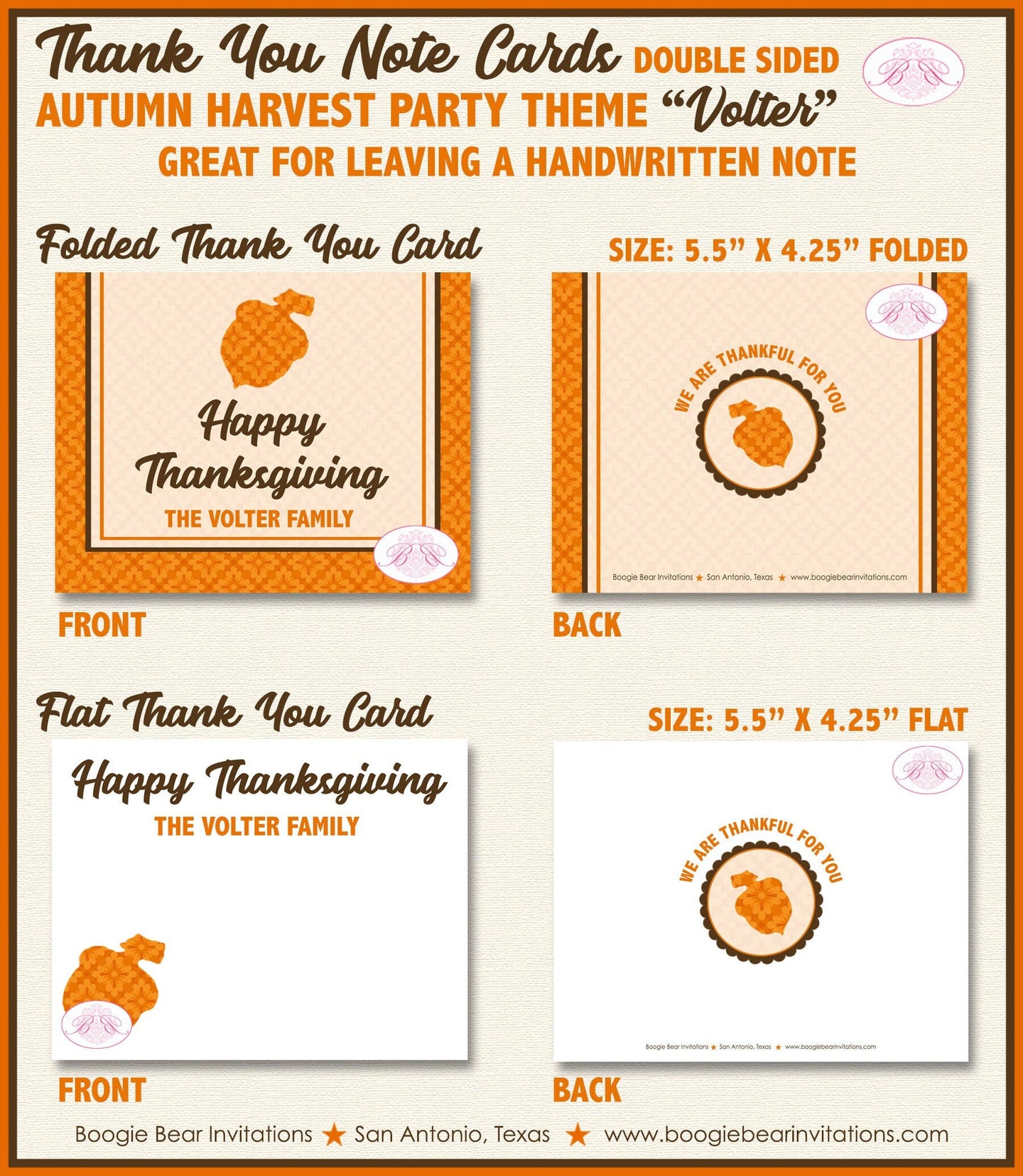Thanksgiving Dinner Thank You Cards Flat Folded Note Autumn Fall Harvest Brown Orange Retro 1st Boogie Bear Invitations Volter Theme Printed