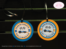 Load image into Gallery viewer, Race Car Driver Birthday Party Package Orange Blue Black Happy Door Banner Cupcake Toppers Favor Tags Boogie Bear Invitations Scott Theme