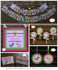 Pink Dinosaur Birthday Party Package Happy Little Dino Door Banner Cupcake Toppers Green Prehistoric Boogie Bear Invitations Claudia Theme