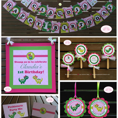 Pink Dinosaur Birthday Party Package Happy Little Dino Door Banner Cupcake Toppers Green Prehistoric Boogie Bear Invitations Claudia Theme
