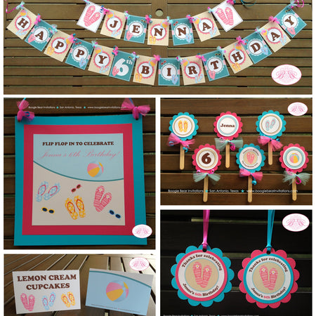 Flip Flop Pool Birthday Party Package Girl Swimming Pool Splash Swim Beach Ball Pink Aqua Blue Summer Boogie Bear Invitations Jenna Theme