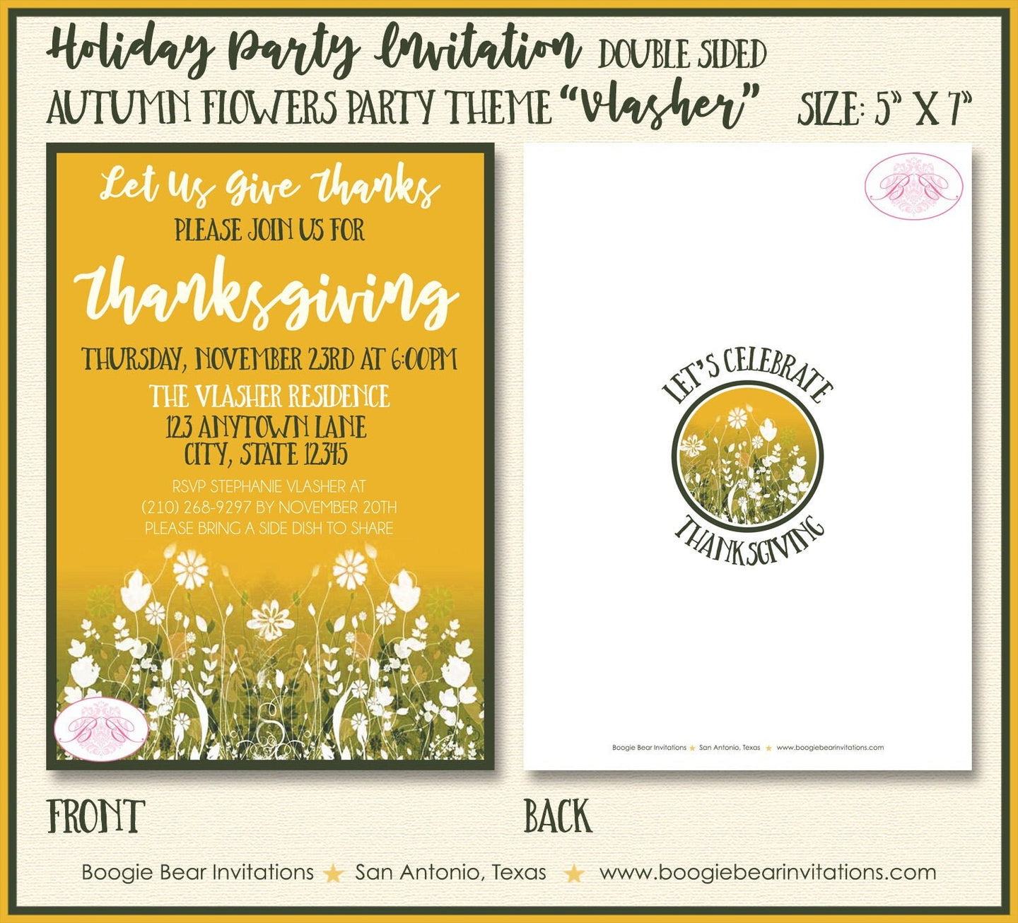 Autumn Flowers Party Invitation Dinner Fall Floral Harvest Thanksgiving Boogie Bear Invitations Vlasher Theme Paperless Printable Printed
