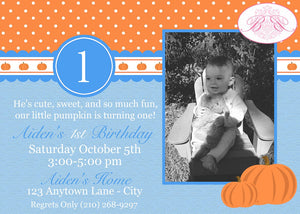 Little Blue Pumpkin Party Invitation Birthday Photo Fall Boy Farm Barn Ranch Boogie Bear Invitations Aiden Theme Paperless Printable Printed