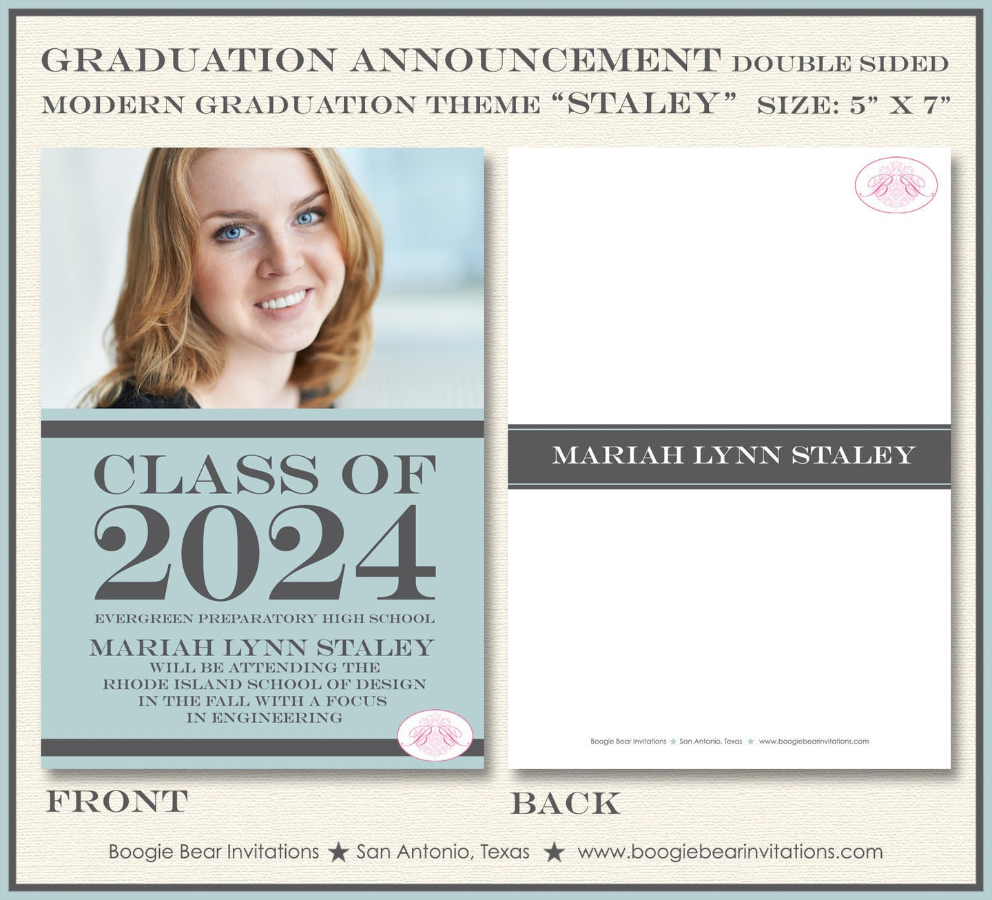 Modern Photo Graduation Announcement Ribbon Girl Boy 2021 2022 2023 2024 Boogie Bear Invitations Staley Theme Paperless Printable Printed