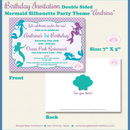 Mermaid Pool Birthday Party Invitation Purple Teal Ocean Beach Swimming Boogie Bear Invitations Andrina Theme Paperless Printable Printed