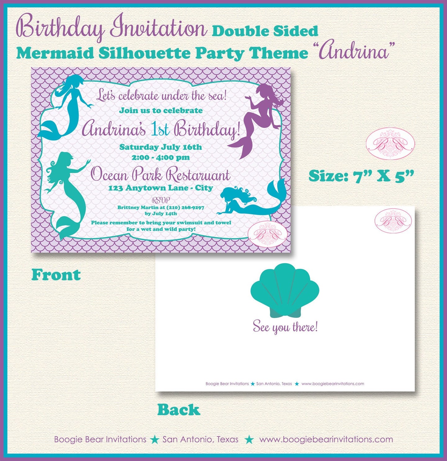 Mermaid Pool Birthday Party Invitation Purple Teal Ocean Beach Swimming Boogie Bear Invitations Andrina Theme Paperless Printable Printed