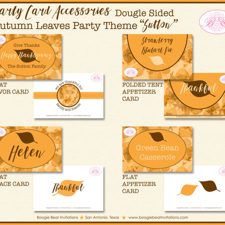 Autumn Leaves Party Favor Card Tent Appetizer Place Food Thanksgiving Dinner Formal Fall Brown Orange Boogie Bear Invitations Sutton Theme
