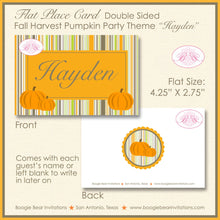 Load image into Gallery viewer, Fall Pumpkin Party Favor Card Tent Appetizer Place Food Tag Birthday Farm Harvest Rustic Autumn Orange Boogie Bear Invitations Hayden Theme