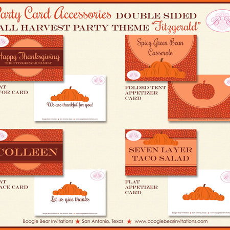 Autumn Harvest Party Favor Card Tent Appetizer Place Food Thanksgiving Dinner Pumpkin Fall Orange Boogie Bear Invitations Fitzgerald Theme