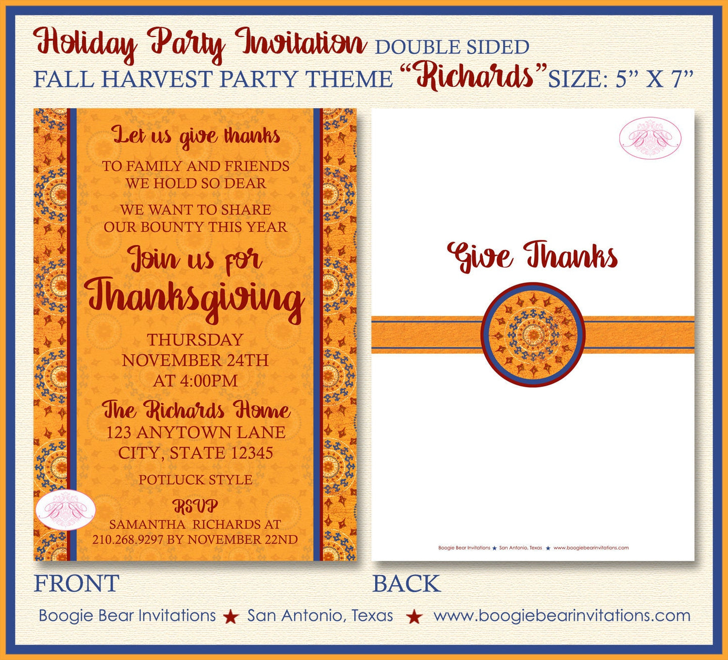 Thanksgiving Dinner Party Invitation Medallion Gold Harvest Fall Autumn Boogie Bear Invitations Richards Theme Paperless Printable Printed