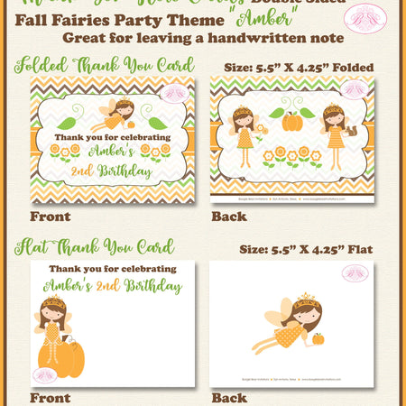 Fall Fairy Pumpkin Birthday Party Thank You Card Princess Girl Garden Fairies Autumn Boogie Bear Invitations Amber Theme Printed