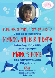 Shark Pool Birthday Party Invitation Photo Swimming Ocean Surf Swim Red Blue Boogie Bear Invitations Mano Theme Paperless Printable Printed