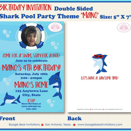 Shark Pool Birthday Party Invitation Photo Swimming Ocean Surf Swim Red Blue Boogie Bear Invitations Mano Theme Paperless Printable Printed
