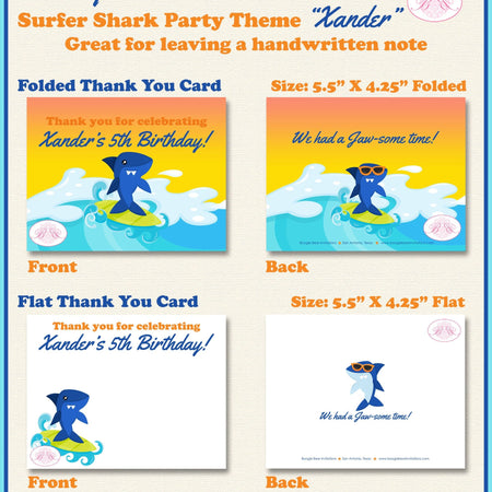 Surfer Shark Birthday Party Thank You Card Ocean Beach Swimming Swim Surf Surfing Pool Tropical Boogie Bear Invitations Xander Theme Printed