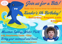 Load image into Gallery viewer, Surfer Shark Birthday Party Invitation Photo Swimming Ocean Beach Swim Pool Boogie Bear Invitations Xander Theme Paperless Printable Printed