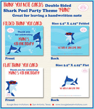Load image into Gallery viewer, Shark Pool Birthday Party Thank You Card Swimming Ocean Beach Blue Red Fish Swim Surf Wave Splash Boogie Bear Invitations Mano Theme Printed