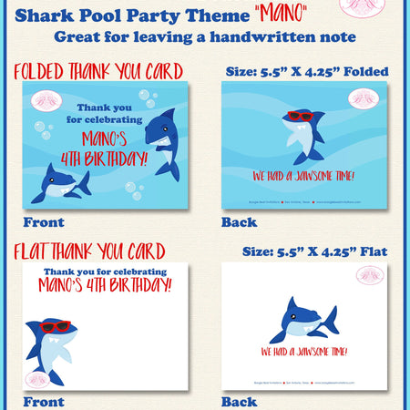 Shark Pool Birthday Party Thank You Card Swimming Ocean Beach Blue Red Fish Swim Surf Wave Splash Boogie Bear Invitations Mano Theme Printed