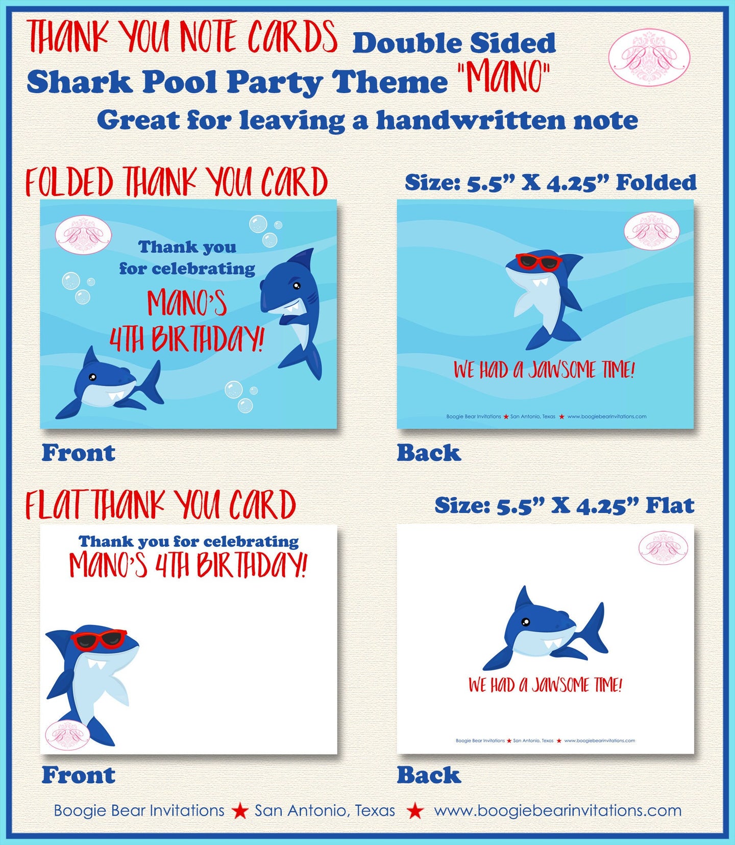 Shark Pool Birthday Party Thank You Card Swimming Ocean Beach Blue Red Fish Swim Surf Wave Splash Boogie Bear Invitations Mano Theme Printed