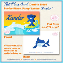 Load image into Gallery viewer, Surfer Shark Birthday Party Favor Card Tent Place Appetizer Food Sign Swimming Pool Ocean Splash Beach Boogie Bear Invitations Xander Theme