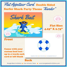 Load image into Gallery viewer, Surfer Shark Birthday Party Favor Card Tent Place Appetizer Food Sign Swimming Pool Ocean Splash Beach Boogie Bear Invitations Xander Theme