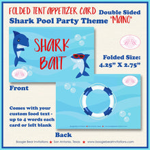 Load image into Gallery viewer, Shark Pool Birthday Party Favor Card Tent Place Appetizer Food Sign Swimming Ocean Beach Blue Red Splash Boogie Bear Invitations Mano Theme