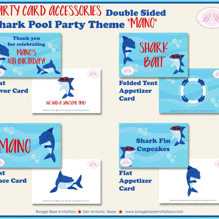 Shark Pool Birthday Party Favor Card Tent Place Appetizer Food Sign Swimming Ocean Beach Blue Red Splash Boogie Bear Invitations Mano Theme