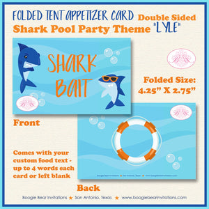 Shark Pool Birthday Party Favor Card Tent Place Appetizer Food Sign Swim Ocean Beach Blue Orange Splash Boogie Bear Invitations Lyle Theme
