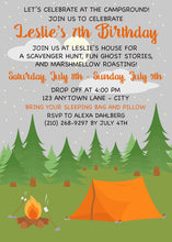 Load image into Gallery viewer, Camping Forest Birthday Party Invitation Tent Campfire S&#39;mores Camp Trees Boogie Bear Invitations Leslie Theme Paperless Printable Printed