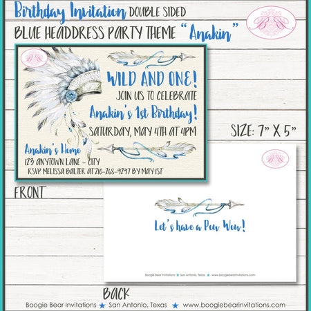 Blue Headdress Birthday Party Invitation Boy Teepee Arrow Pow Wow Tipi Wild Boogie Bear Invitations Anakin Theme Paperless Printable Printed