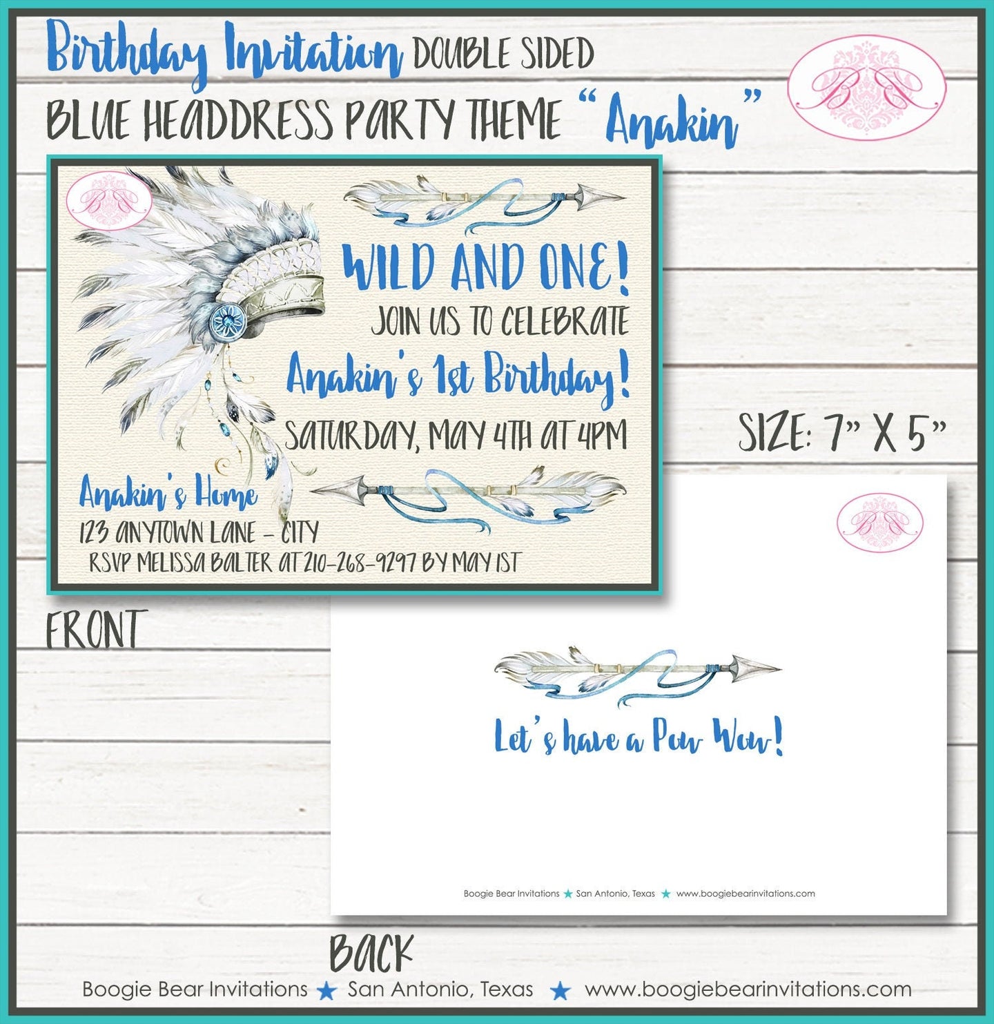 Blue Headdress Birthday Party Invitation Boy Teepee Arrow Pow Wow Tipi Wild Boogie Bear Invitations Anakin Theme Paperless Printable Printed