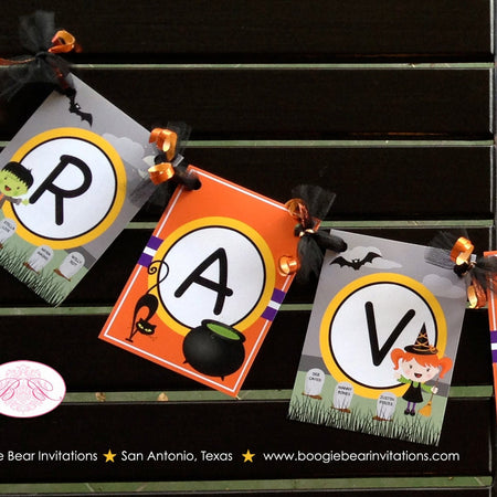 Halloween Birthday Party Name Age Banner Small Girl Boy Graveyard Haunted House Headstone Cemetery Boogie Bear Invitations Raven Lee Theme