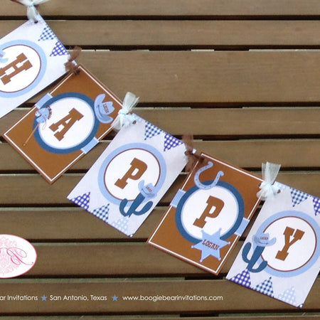 Blue Cowboy Happy Birthday Banner Party Hat Western Brown Boots Boy Wild West Cactus Farm Barn Country Boogie Bear Invitations Logan Theme