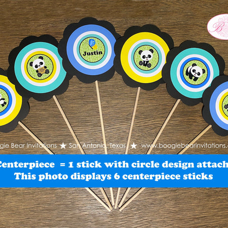 Panda Bear Birthday Party Centerpiece Cake Display Stick Boy Blue Black Yellow Green Blue Zoo Wild Kids Boogie Bear Invitations Justin Theme