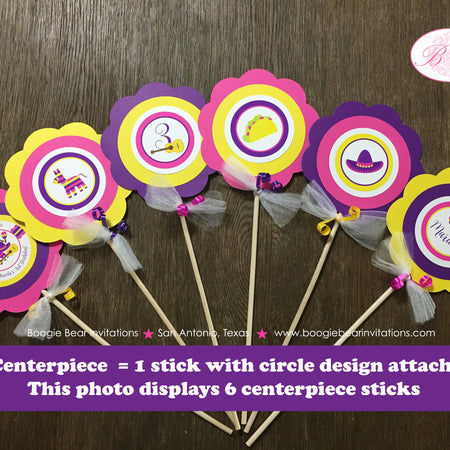 Fiesta Taco Birthday Party Centerpiece Sticks Pink Yellow Purple Cinco de Mayo Pinata Carnival Parade Boogie Bear Invitations Mariela Theme
