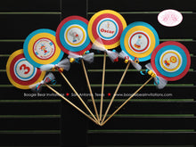 Load image into Gallery viewer, Circus Birthday Party Centerpiece Set 3 Ring Name Age Carnival Booth Lion Seal Red Blue Big Top Show Boogie Bear Invitations Oscar Theme