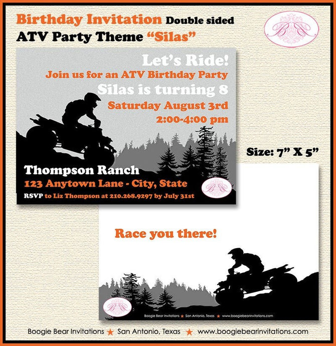 Orange ATV Birthday Party Invitation Quad All Terrain Vehicle 4 Wheeler Racing Track Boy Girl Boogie Bear Invitations Silas Theme Printed